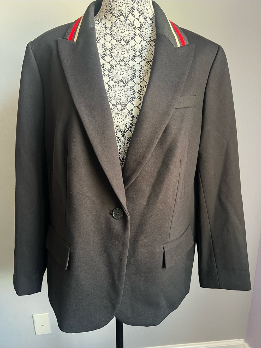 Anne Klein Black Blazer with Red and Cream Collar Stripes